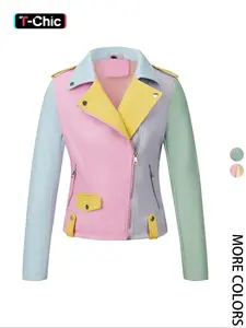 Women's Spring Four-Season Motorcycle Zip Front Jacket, Fashionable Long Sleeve Lapel Zipper Waist Cinched Fitted Patchwork Short Coat with Pockets, Fall Winter Outerwear