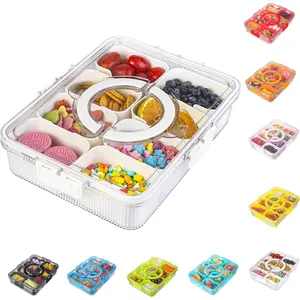 Ribbed Snackle Box Container, Divided Serving Tray with Lid & Handle, 8 Divider Portable Snack Container for Travel Beach, Ideal for Charcuterie Veggie Fruit Candy, 1 Pack