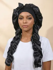 Women's Satin Hair Cap with Bow and Long Braid Tail, Adjustable Button Sleep Hat, Smooth Anti-Frizz Night Headscarf, Women Sleeping Hair Protector