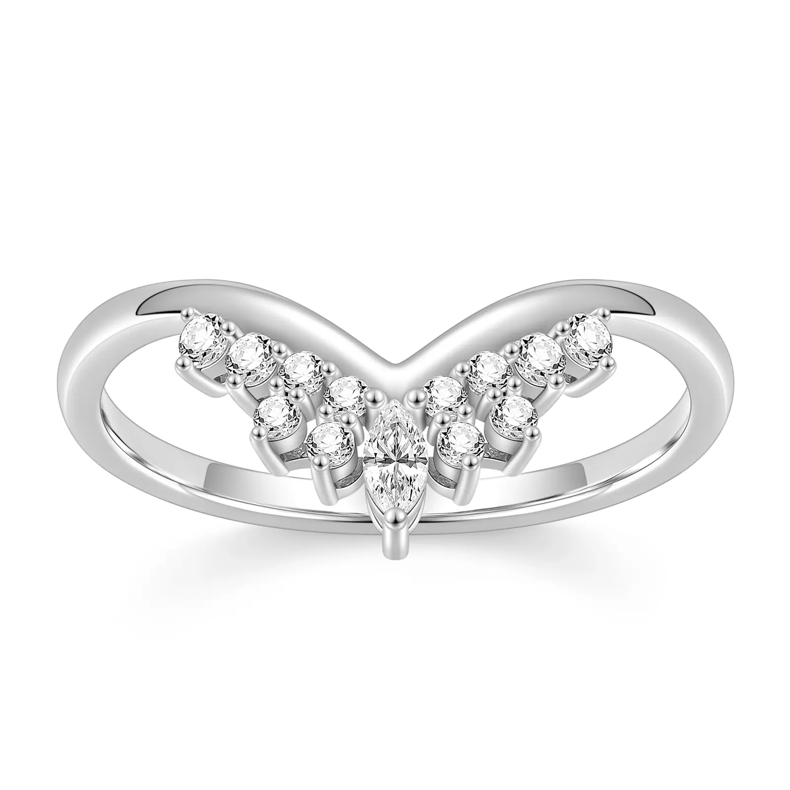 EAMTI 925 Sterling Silver Wedding Bands for Women Marquise & Round Shaped Stackable Cubic Zirconia Contour Curved Crown V-Band Engagement Rings