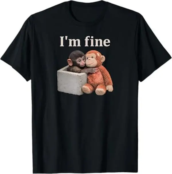 Men's Casual Short-Sleeve Classic Basic Graphic T-Shirt - Sad Monkey with Orange Toy, "I'm Fine" Print, Denim-Vibe Accents, Baseball Cap Compatible, Leather-Detailed Accents, Tshirt, Cargo Pants
