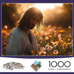 1000-Piece Jesus Flower Field Puzzle--Large Rectangular Spiritual Gift, Suitable for Adults and Teens, High-Difficulty Large Puzzle, Jesus Christ and Daisies, Easter/Christmas Activity, Home Decoration (Suitable for Beginners)