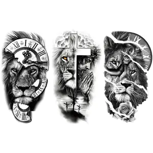 Temporary Lion Tattoo Stickers, Cross Broken Clock Design, Fashion Body Art for Men Women, Perfect for Parties Special Occasions