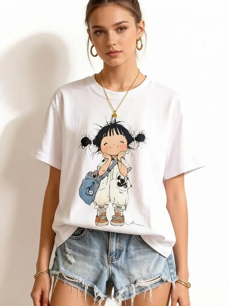Women's Basic Printed T-Shirt - Viral TikTok Trend Kawaii Minimal Cartoon Twin Bun Girl Graphic, White, Lightweight Breathable Cotton Crew Neck, Relaxed Fit Everyday Campus Casual Top, Fabric, Tshirt