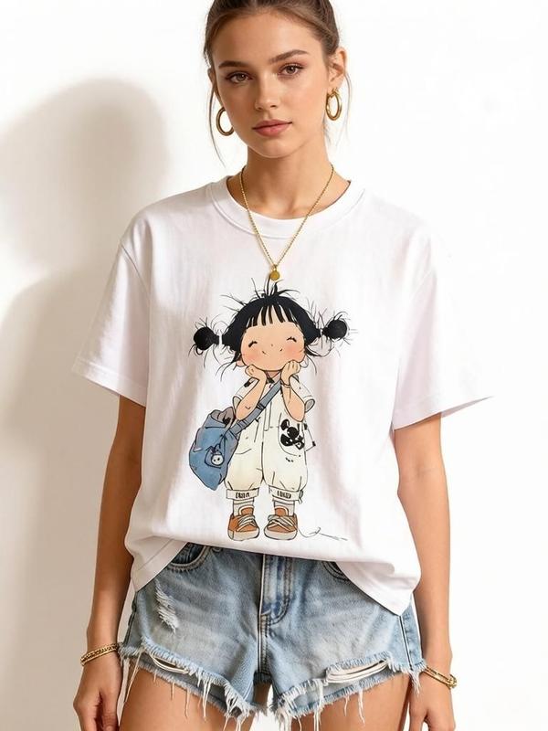 Women's Oversized Graphic T-Shirts - Viral TikTok Trend Kawaii Minimal Cartoon Twin Bun Girl Graphic, White, Short Sleeves, Lightweight Breathable Cotton Crew Neck, Relaxed Baggy Style, Bow Accent, Plus Size Campus Casual Top, Cute Tops, Soft Fabric