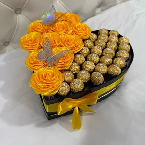 Luxury Heart Box with Ferrero - Yellow Roses, Gold Ferrero Chocolates, Butterfly Accents, Elegant Floral Design