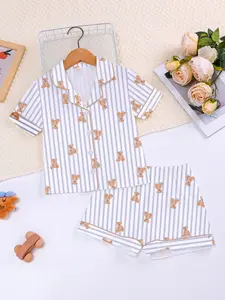 Fire Retardant Fabric Sleepwear Set, Pajama Set, Cute Cartoon Bear Print, Casual Fitted Short Sleeve Top & Elastic Shorts, All Seasons