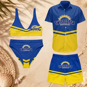Twisted Tea Matching Couple Swimwear, Blue Yellow Striped Tropical Beach Outfit Set Shirt Shorts Bikini Vacation Matching Family Look Hard Iced Tea Logo, Perfect Gift for Him & Her
