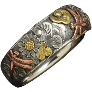 Trendy Vintage Hammered Dragonfly Lotus Leaf Band Ring, Classic Statement Ring for Men, Perfect for Wedding Anniversary, Valentine's Day, Partner Daily Jewelry Gift