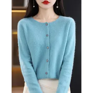 New Fashion Spring 100% Merino Wool Womens O-neck Cardigan Cashmere Sweater 2025 Female Clothing Grace Knitwear Korean Tops Fit Sleeve Sleeve Green