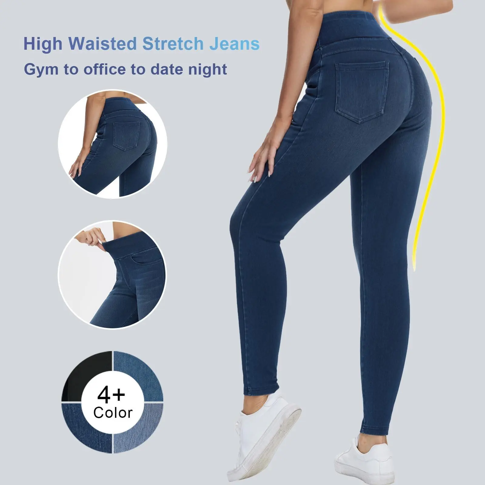 THE GYM PEOPLE Women's High-Waisted Stretchy Jeggings, Tummy Control Skinny Pants with Pockets