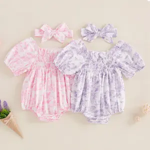 Newborn Baby Girl Romper Summer Clothes Infant Floral Ruched Puff Sleeve Bubble Romper Short Sleeve Bodysuit Outfits
