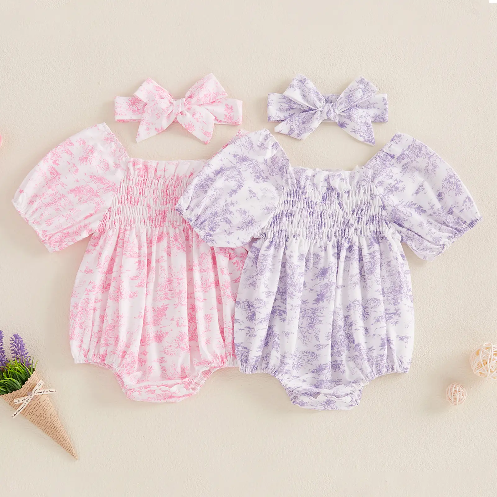 Newborn Baby Girl Romper Summer Clothes Infant Floral Ruched Puff Sleeve Bubble Romper Short Sleeve Bodysuit Outfits