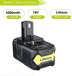 18V 5000mAh Li-ion Replacement Battery Compatible with Ryobi P108 RBL1810 130429054, High Capacity Lithium Battery for Ryobi 18V ONE+ Cordless Power Tools