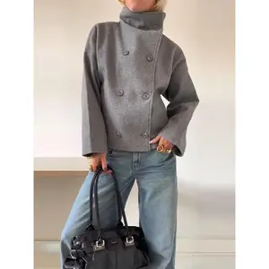 Solid Turtleneck Double-Breasted Pocket Coats Women Casual Loose Full Sleeve Female Jacket for 2025 Autumn Office Wear Ladies Women Fashion Business Flowy Durable Comfortable Soft Lightweight Feminine