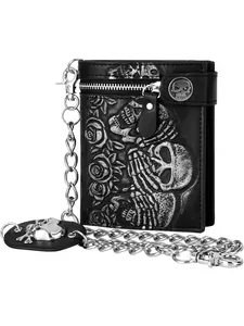 Skull Gothic Chain Wallet - Leather Punk Bi-Fold | Unisex Halloween Gothic Accessory - Black