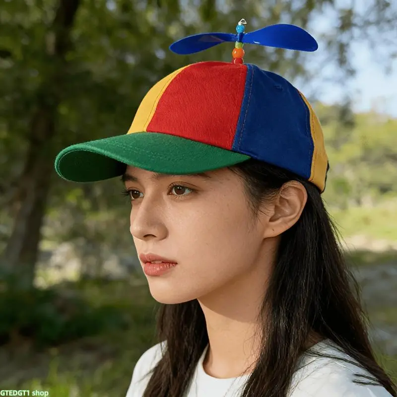 4-Tone Patchwork Helicopter Propeller Cotton Casual Dad Cap - Detachable Hats, Removable Spinning Top, Adjustable Lightweight Snapback Baseball Cap, All Ages Novelty Party Costume Accessory for Kids Daily Outdoor Use, Snapback Cap, Four Tone Patchwork