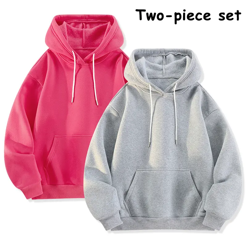 Thick Cozy Fleece Hoodie 2 Pack for Men Blank Solid Tone Long‑Sleeve Oversized Pullover Pocket Sweatshirt Fall Winter Daily Street & Indoor Wear Bundle