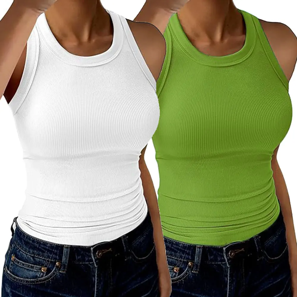 2 Pack Womens Round Neck Ribbed Tank Tops Stretch Slim Fit Basic Solid Sleeveless Summer Casual Tops