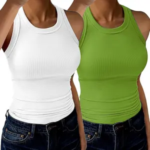 2 Pack Womens Round Neck Ribbed Tank Tops Stretch Slim Fit Basic Solid Sleeveless Summer Casual Tops