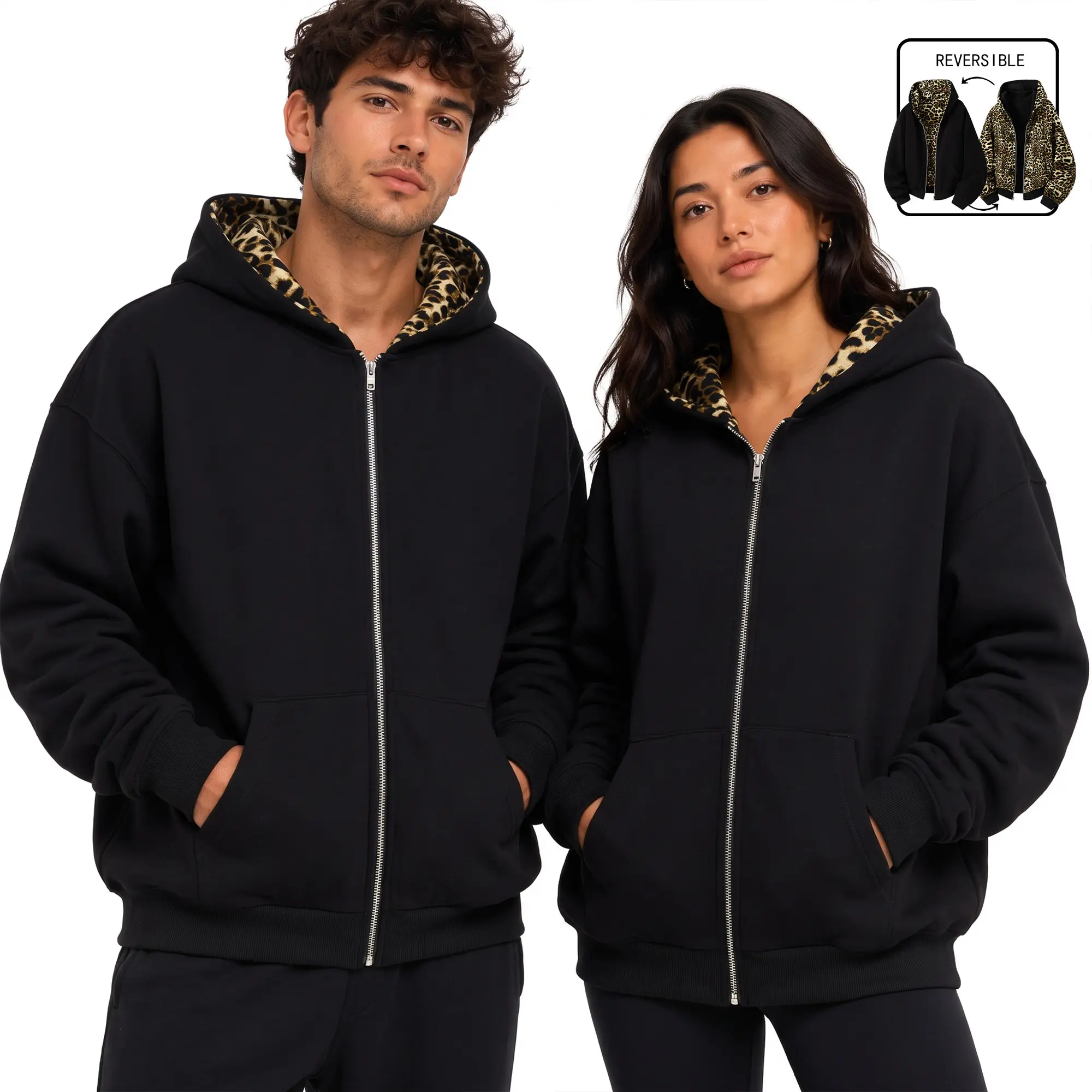 Men's Unisex Stylish Cotton Zip-Up Hoodies - Casual Fashion Loose Fit, Reversible, Leopard Lining, Fabric, Spring-Autumn Streetwear Clothing for Outdoor Wear