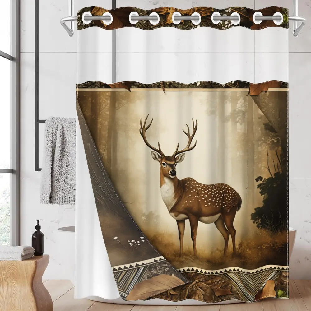 1pc hookless No Hook Shower Curtain with buckle lining, autumn brown and white elk forest design, 2D flat printing, fabric waterproof lining, see-through double-layer, 71 x 74 inches, Bathroom Curtains Shower, Modern bathroom decor