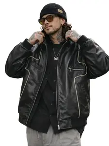 Men's Solid Color Striped Collar Zipper Leather Jacket American Vintage Oversized Motorcycle Biker PU Leather Lapel Front Chest Pocket Metal Zipper Street Style Loose Fit Layered Look