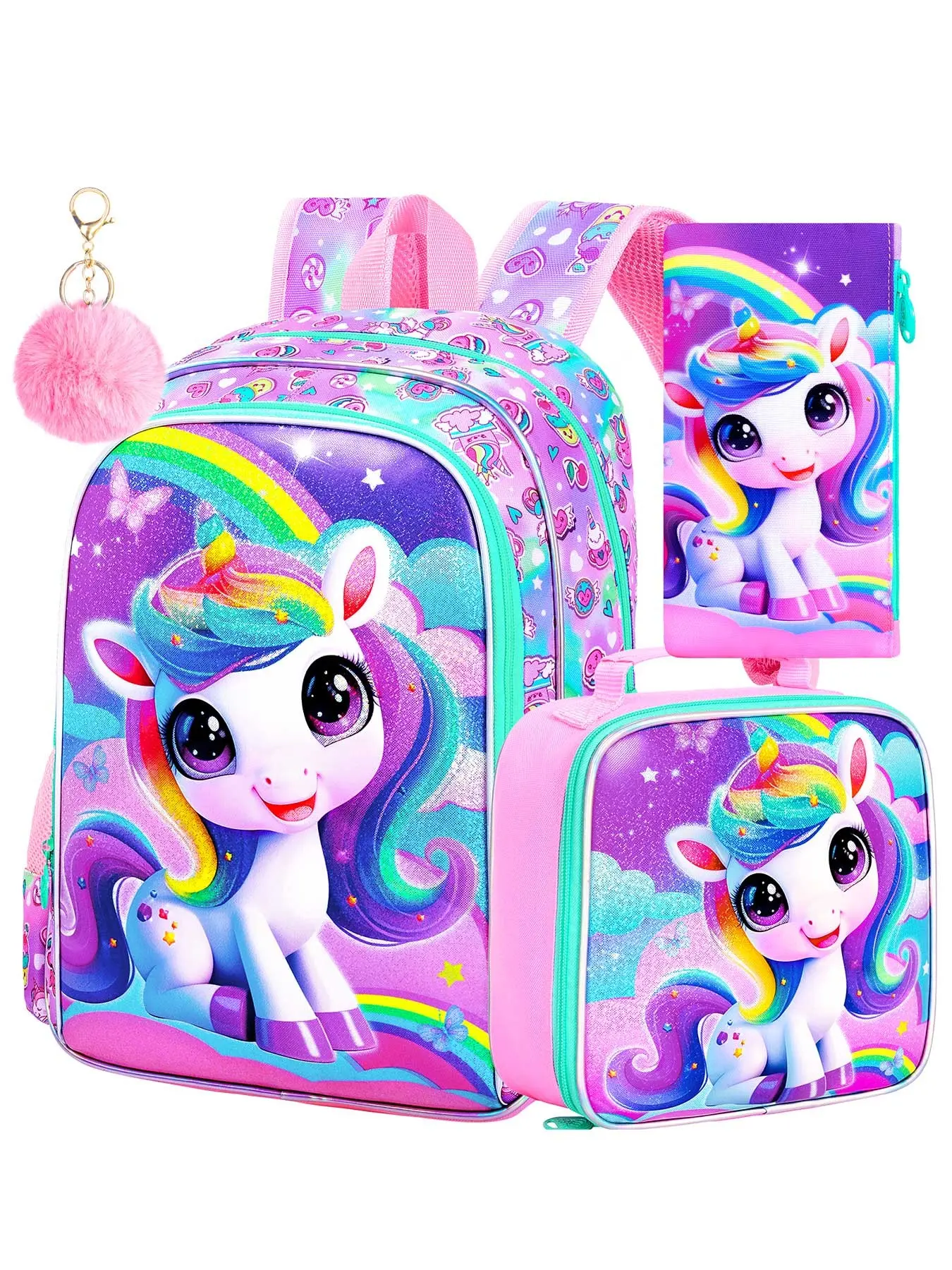 3Pcs Cute Unicorn Pattern Backpack Set for Girls - Rainbow Glitter School Bag with Lunch Bag & Pencil Pouch - Perfect for Kids Elementary School & Travel Cute Daypacks