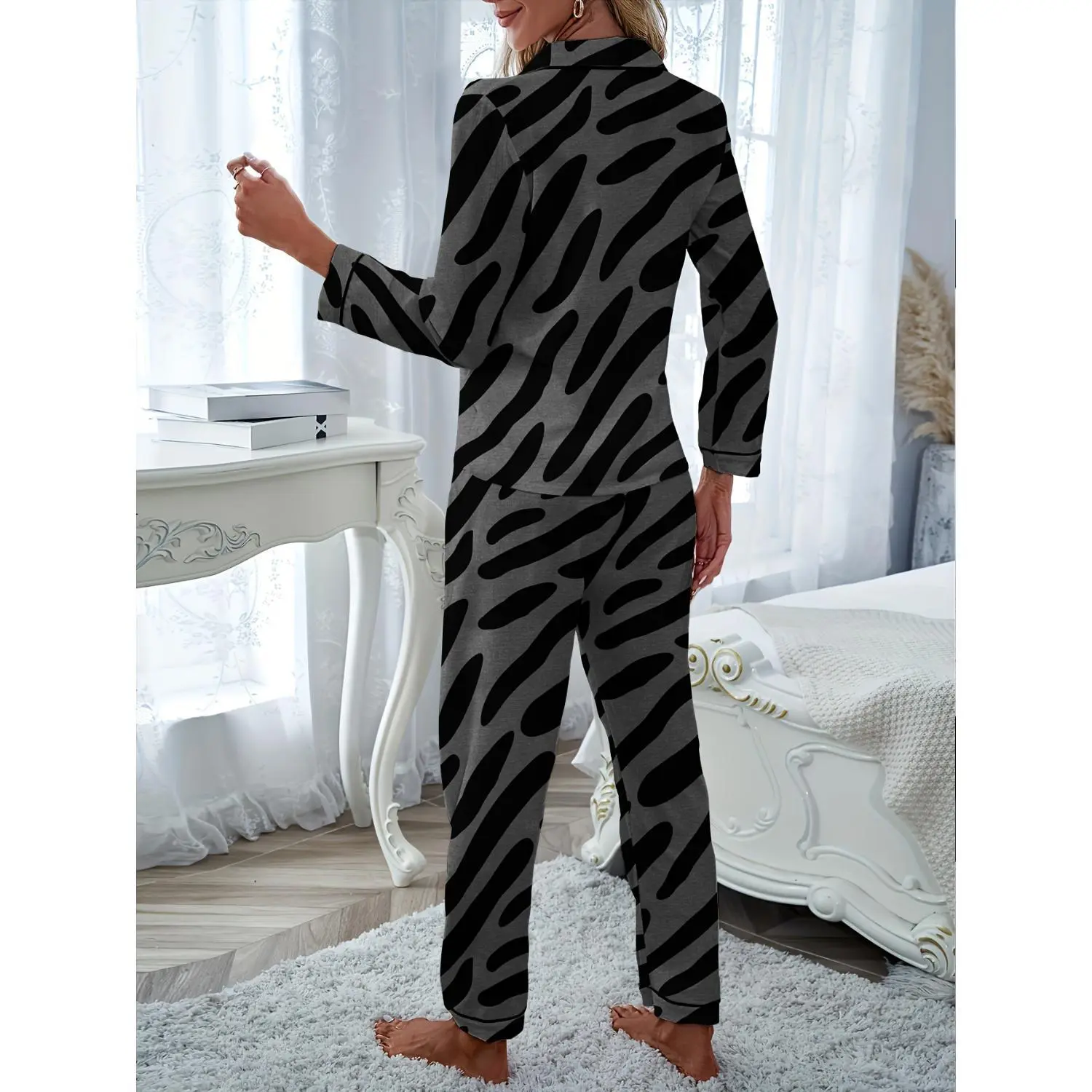 Camouflage Print Button-Up Long-Sleeve Top and Pants, Cozy and Romantic Pajama Set