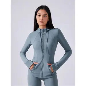 Women's Solid Zip Up Thumb Hole Design Sports Jacket, Sporty Long Sleeve Hooded Outerwear for Yoga Gym Workout Running, Ladies Sportswear for Spring & Fall, Womenswear