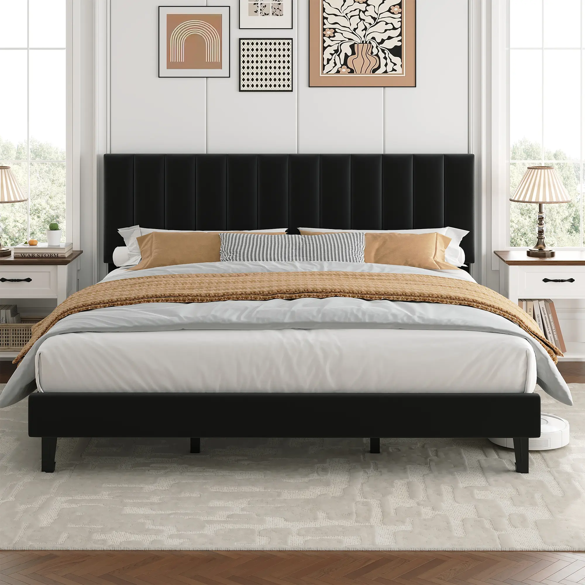 Adjustable Height Upholstered Platform Bed – Vertical Channel Tufted Headboard – Sturdy Wooden Slats, Noise-Free – Twin/Full/Queen – White, Pink, Green, Full Size Bed, Bed Frame Full Bed