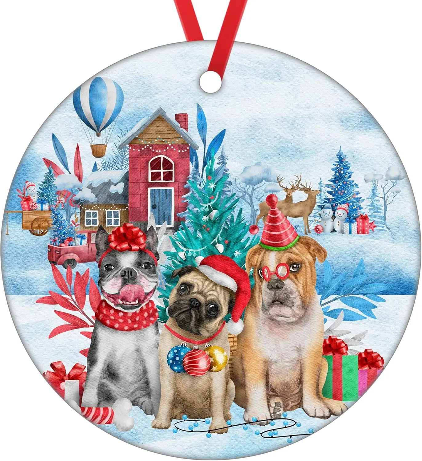 Family of Tree Christmas Ornaments - Dog Ceramic Christmas Ornament - Dog Family Hanging Ornament - Pug Christmas Tree Ornament - English French Bulldog Ornament for Christmas Tree Decorations - Xmas Gift - Ornament 3x3 inch