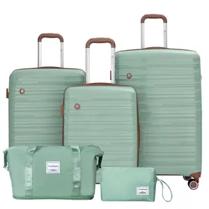 5 Piece Luggage Set PP Hard Shell Suitcase with Hooks Travel Suitcase Silent Airplane Wheels TSA Lock 20 24 28 Inch Plus Handbag Toiletry Bag