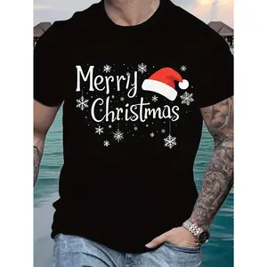 [Merry Christmas 1pc Men'S T-Shirt] Men'S Christmas T-Shirt, Casual Crew Neck Short Sleeve, Polyester Knit Fabric With Slight Stretch, Regular Fit, With Merry Christmas And Santa Hat Print, For Summer Holiday Top