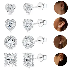 4 Pairs CZ Stud Earrings for Women Sterling Silver Post for Sensitive Ear Brilliant Celtic Heart Big Stud Earrings Set
