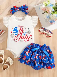 Baby girl summer set white ruffled short sleeved bag fart jacket "Happy 4th of July" holiday element print paired with red and blue star multi-layer ruffled shorts and butterfly bow hair accessories, cute American Independence Day outfit