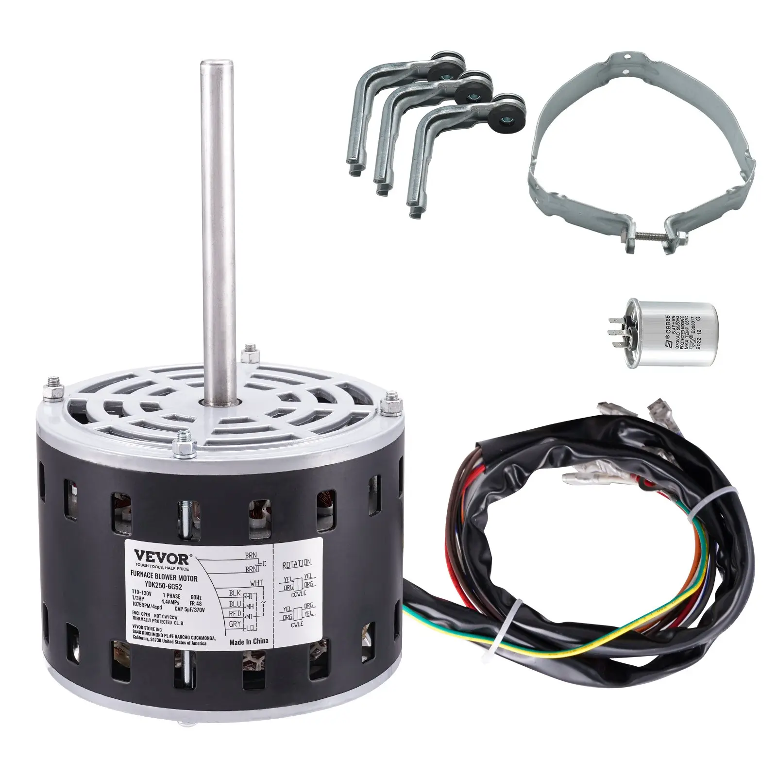 【Summerfinds】VEVOR  1/3HP Furnace Blower Motor, 110/120V 4.4Amps, 1075RPM 4 Speeds, CW/CCW Rotation, 48 Frame 5.2" Shaft Length, 5μF/370V Capacitor + 11" Hold Hoop