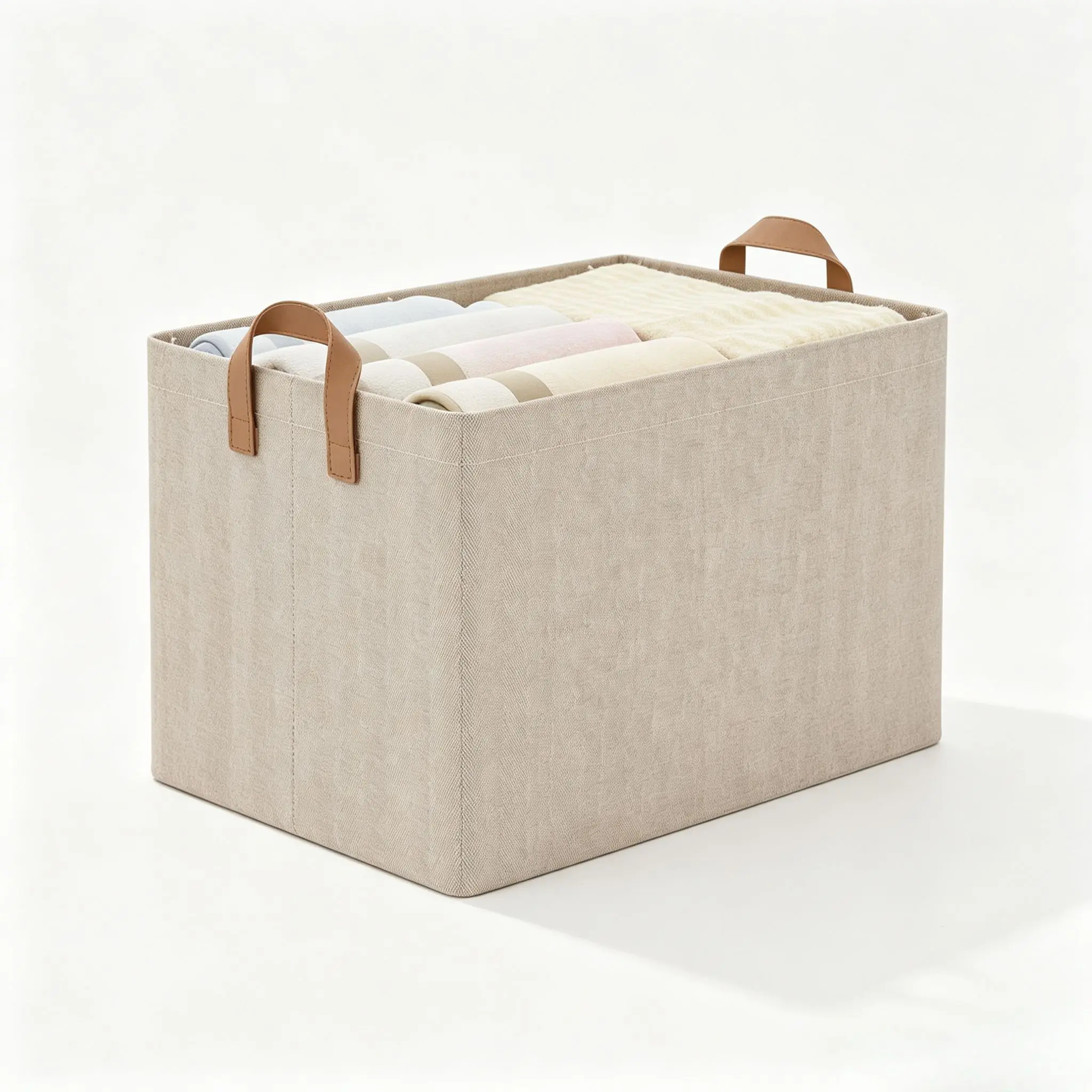 StorageWorks Storage Basket for Shelves, Storage Bins, Natural,Large, With Reinforced PU Handles, Metal Frame, Sturdy Structure, Collapsible, Holds Clothes, Towels, Blankets
