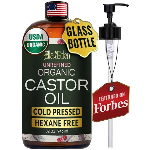 USDA Organic Castor Oil 32 Fl Oz - Cold-Pressed, Hexane-Free, Glass Bottle with Pump - Ella & Eden 100% Pure for Hair, Skin & Body