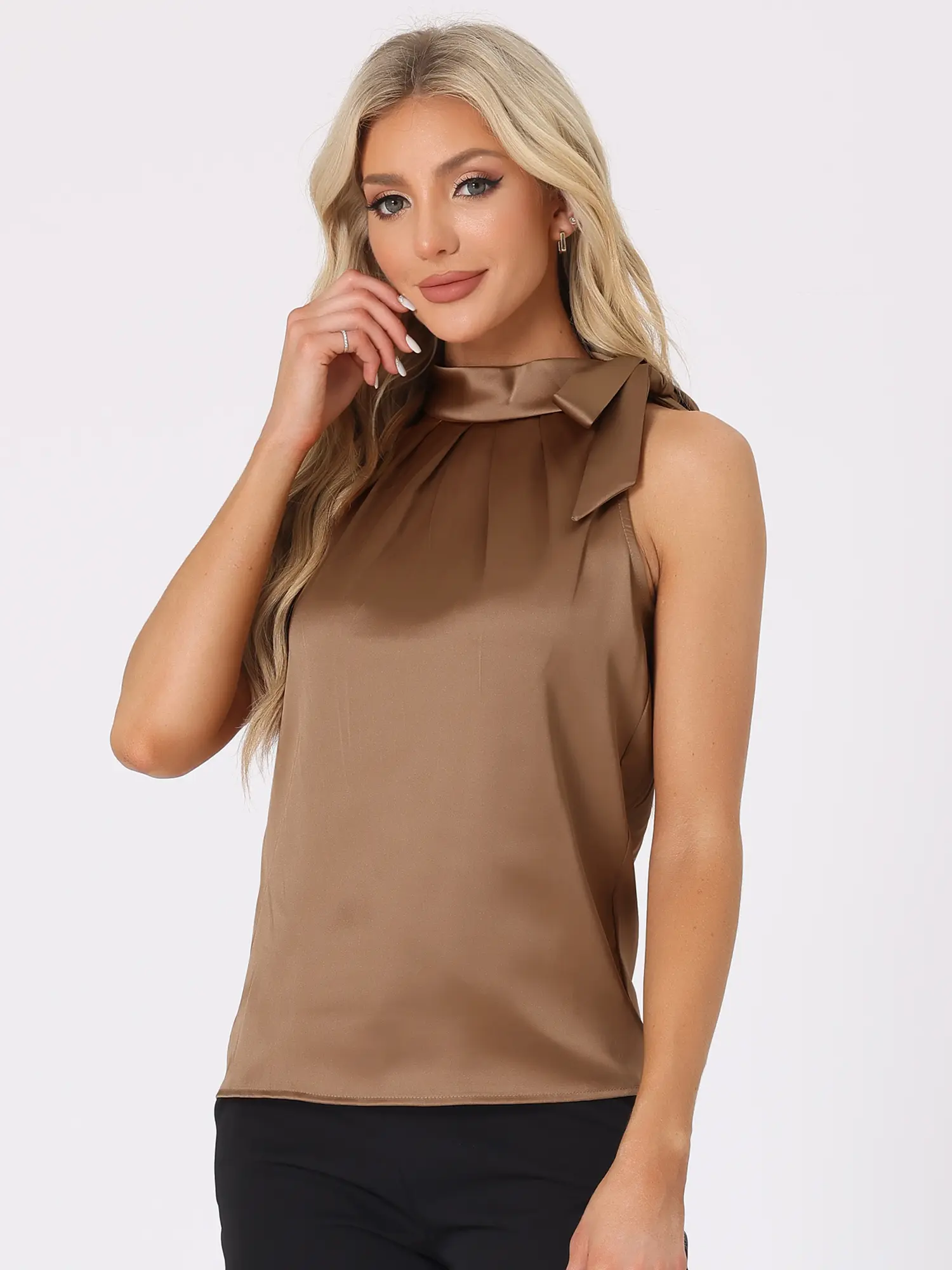 INSPIRE CHIC Elegant Satin Sleeveless Tie Knot Mock Neck Solid Work Blouse Top