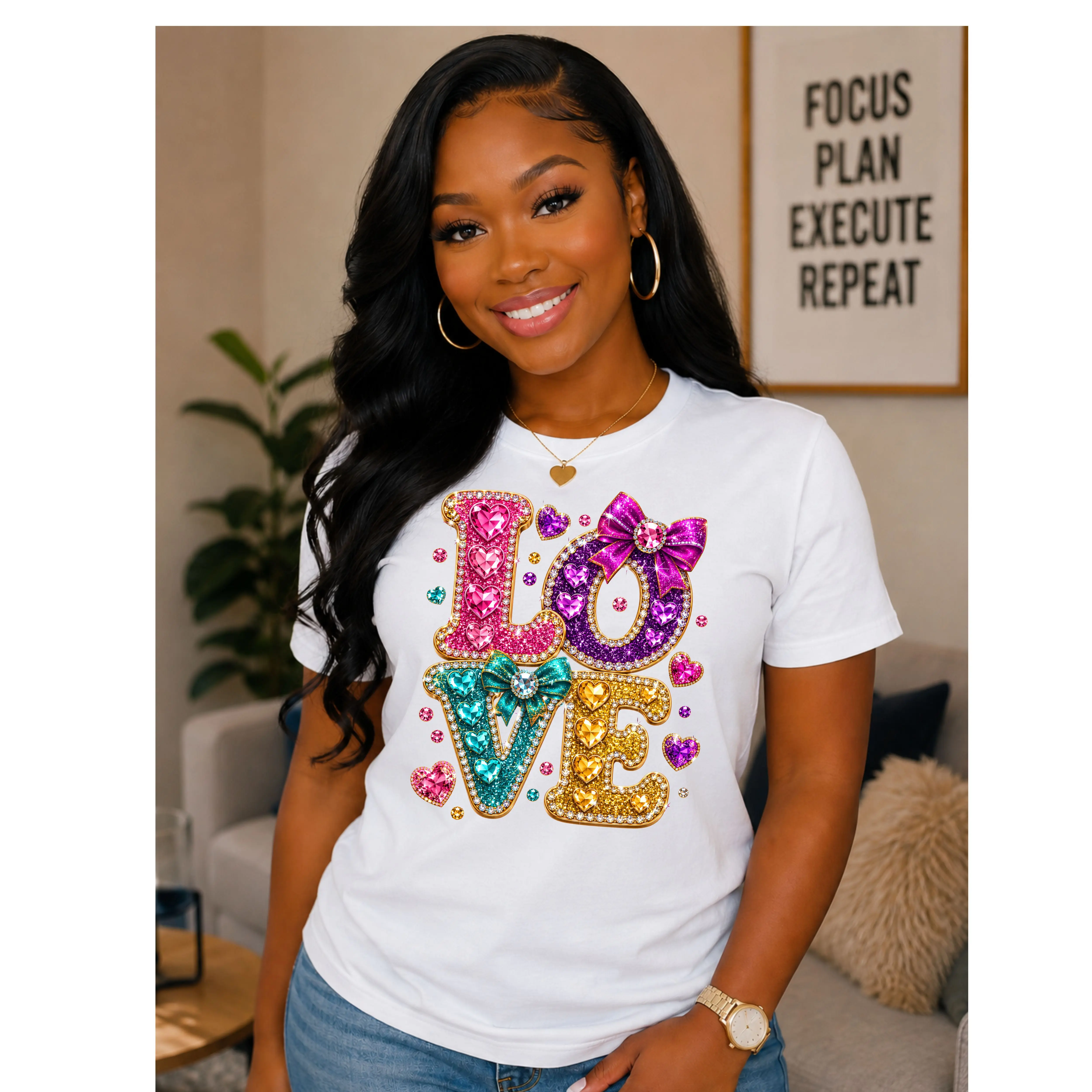 Luxury LOVE Rhinestone Glitter Heart Design – Pink Purple Teal & Gold Bling Graphic T-shirt