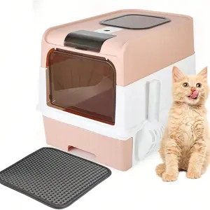 Enclosed Large Litter Box for Big Cats, Front Entry Top Exit Kitty Box with Removable Design, Odor Control, Easy to Clean (Pink)
