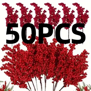 50pcs LuxeCraft Artificial Red Berry Branches, 8.6" Premium Microfiber Faux Fruit Sprays for DIY Crafts, Christmas Tree, Wedding, Home Decor, New Year'S Festivities - No Power Needed