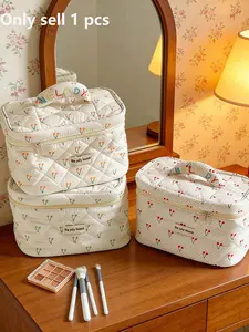2026 popular quilted cherry cosmetic bag, cute cosmetic bag with handle, portable travel supplies storage bag for women, beautiful storage bag, Makeup Organizer Pouch