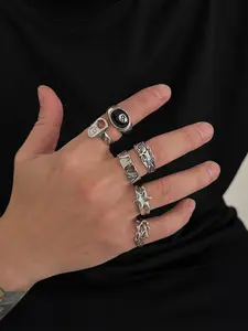 Silver Color Vintage Ring Set, Eight Ball Pentagon Vine Design, Men's Street Punk Fashion Accessory, Cool and Stylish Jewelry, Elegant Ring