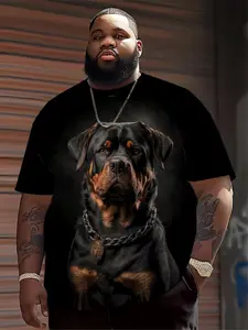 Large Size Men's Rottweiler Print Geometric T-Shirt, Cool Round Neck Casual Shirt, 100% Polyester for All Seasons
