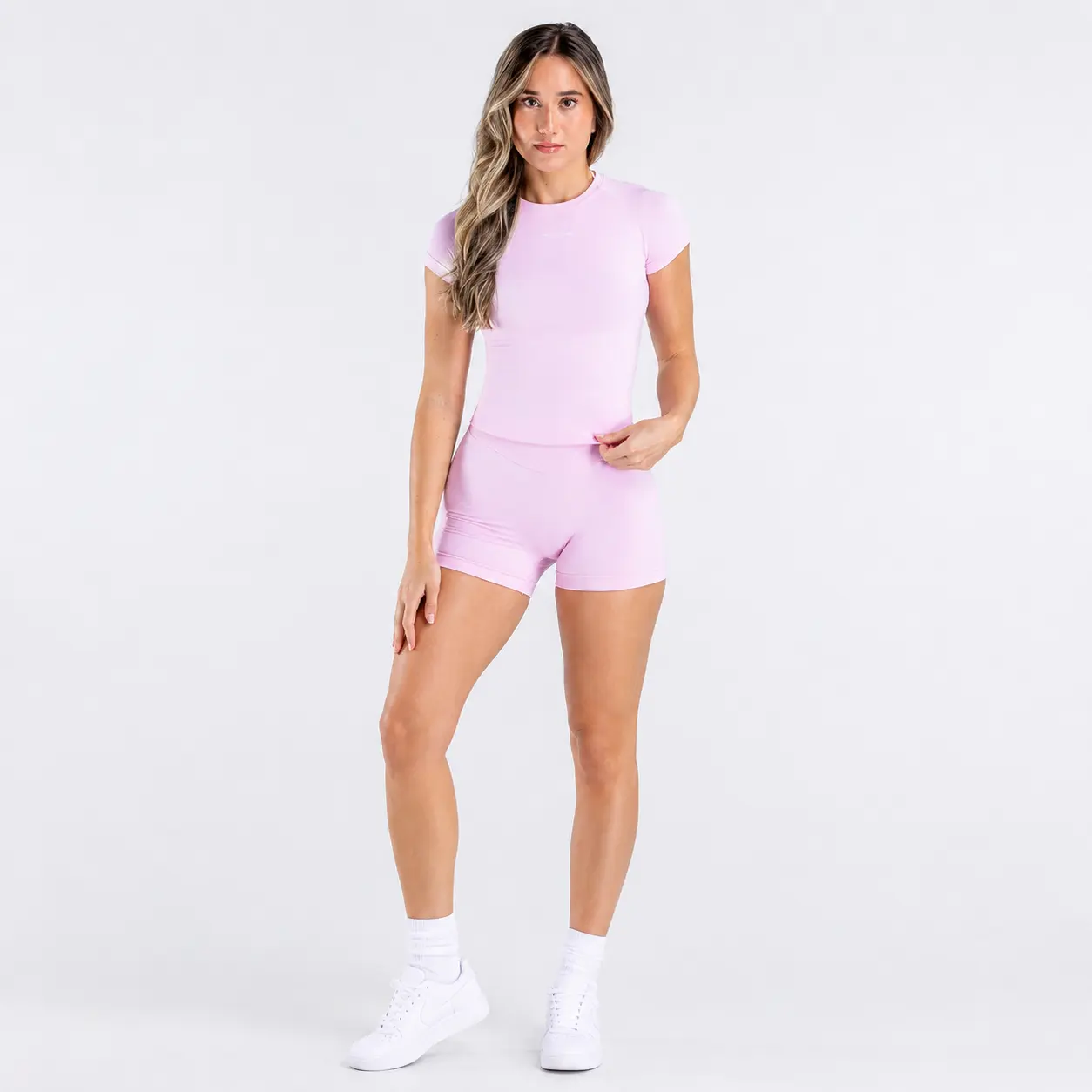 Female 2-Piece Sculpting Gym Workout Apparel Set - Short Sleeves Flattering Top, High Waist Biker Shorts, 90% Nylon 10% Spandex Nylon Blend Stretch Outfit for Gym, Pilates