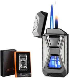 [FathersDay gift]Magic Smart Lighter Dual Flame(Butane Not Included),with 4 Cool Ignition Modes (Voice/Gravity/Air/Tap) ,Windproof Refillable with Visible Window,Type-C rechargeable for Outdoor Camping,Daily use,Best gift for boyfriend,father