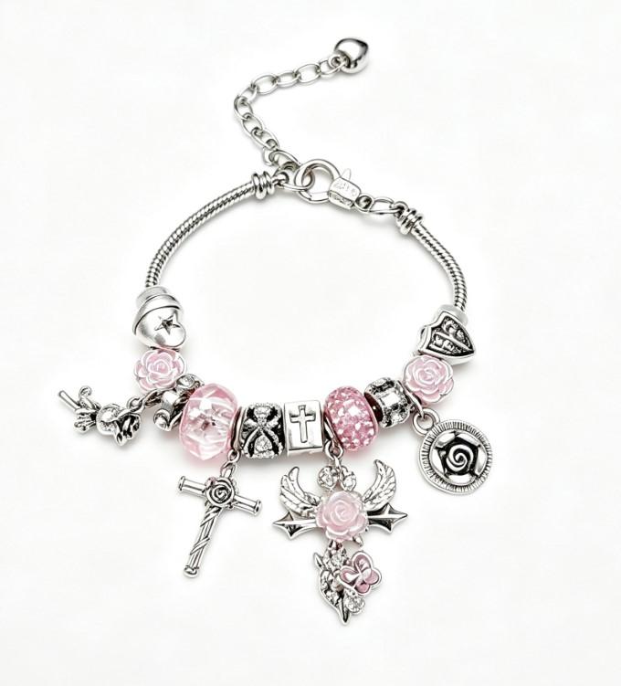 Silver Adjustable Snake Chain Charm Bracelet, 3D Stereoscopic Rose Cross Angel Butterfly Beaded Bracelet, Exquisite Handcraft Fashion Jewelry Gift for Women Teen Girls