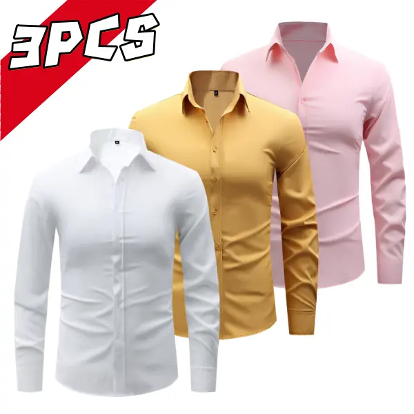 Men’s solid-color long-sleeve shirt set of three, featuring a formal business double-breasted design with a turn-down collar and single-breasted front closure. Smooth, skin-friendly, and easy to care for—versatile tops suitable for office wear and commuti